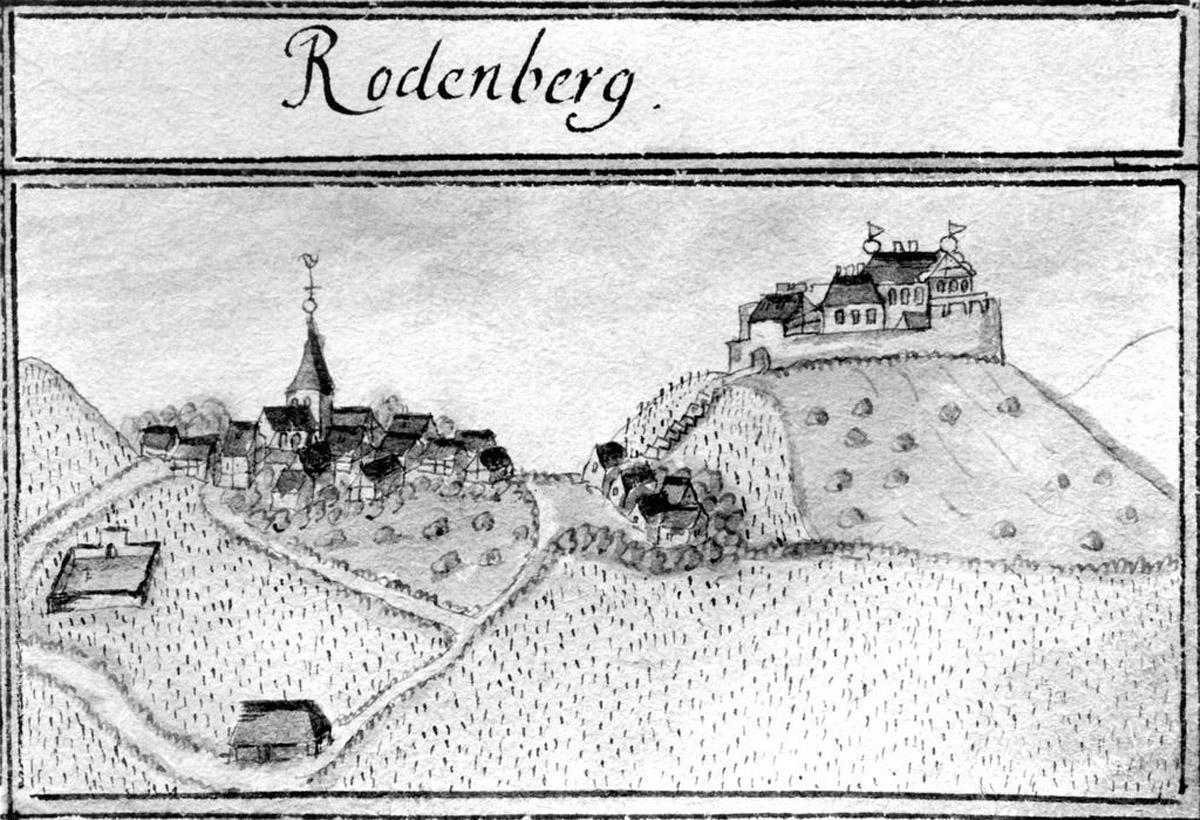 Historic view of Rotenberg hill with castle, 1685, from Kiesersches Forstlagerbuch