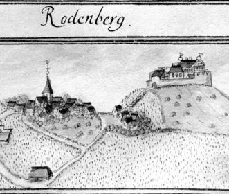 Historic view of Rotenberg hill with castle, 1685, from Kiesersches Forstlagerbuch 143, 24