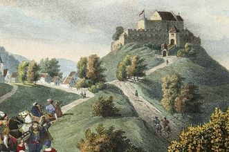 Lithograph of Rotenberg hill with castle, 1840